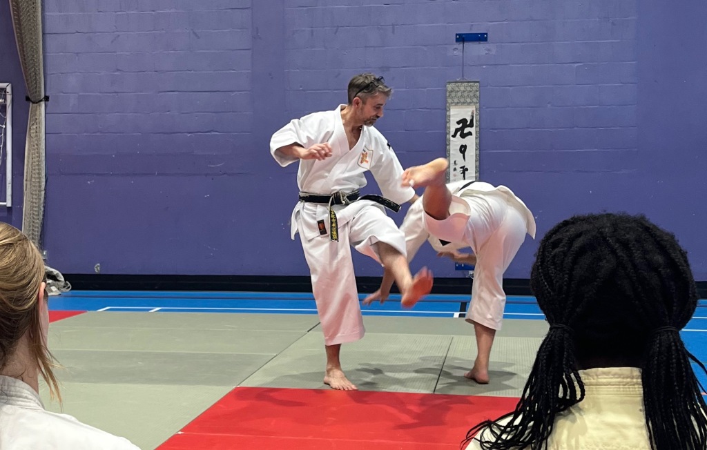A martial arts teacher demonstrates how to sweep a leg and disrupt balance.