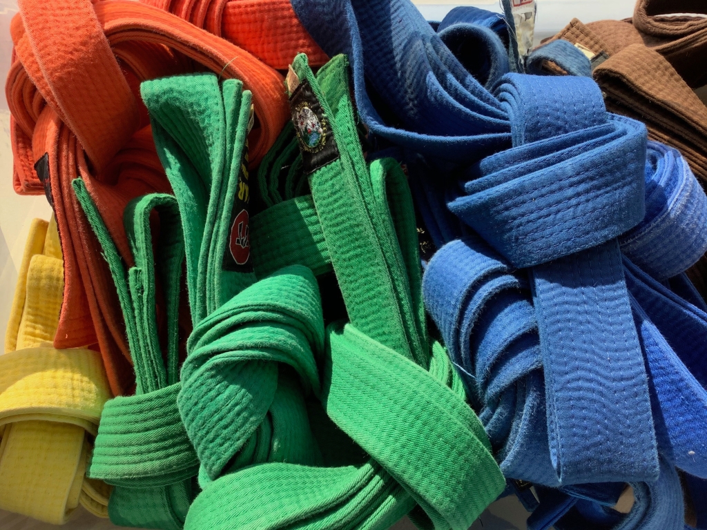 Coloured martial arts belts in a pile.